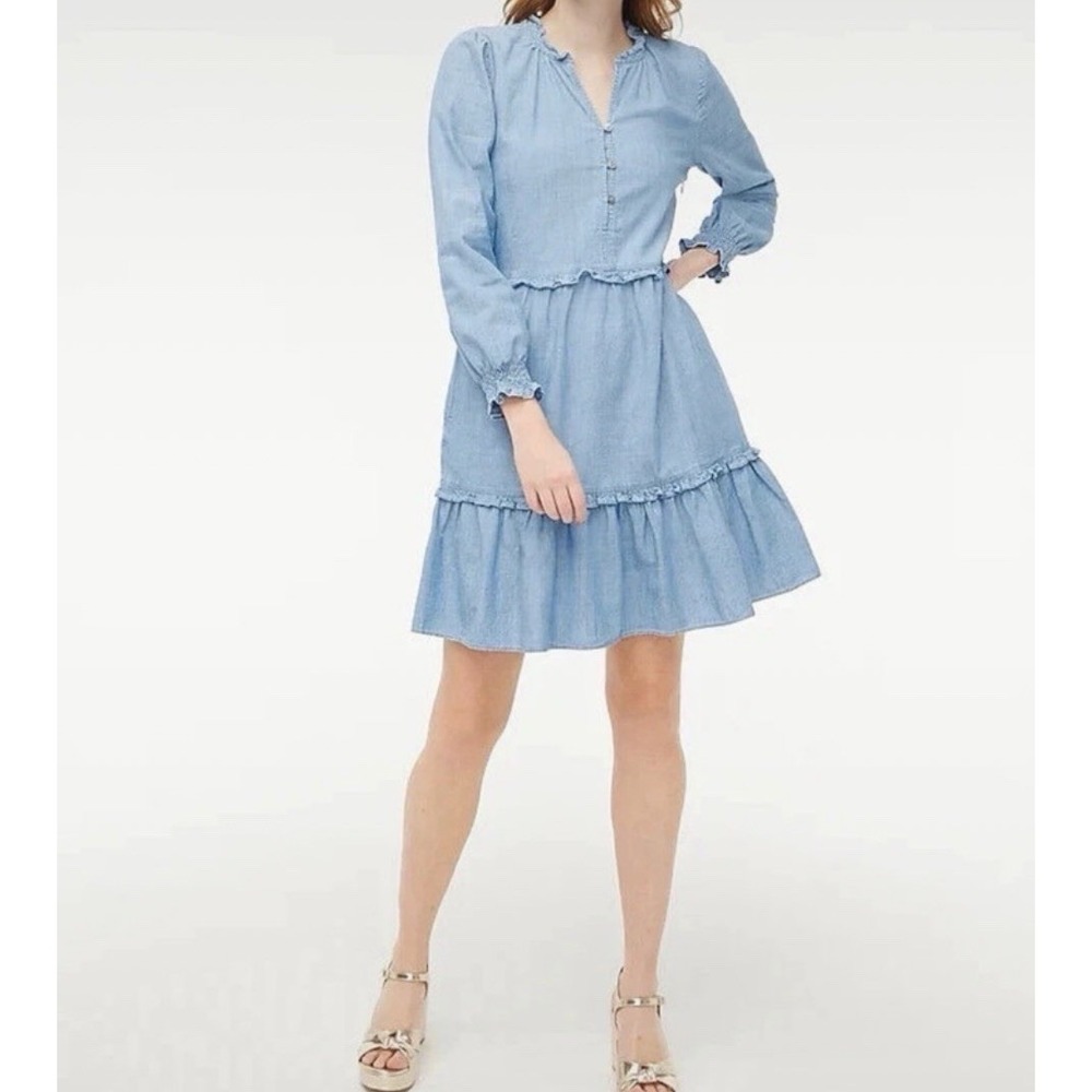 J. Crew Chambray ruffle mini dress Vintage Blue size 2